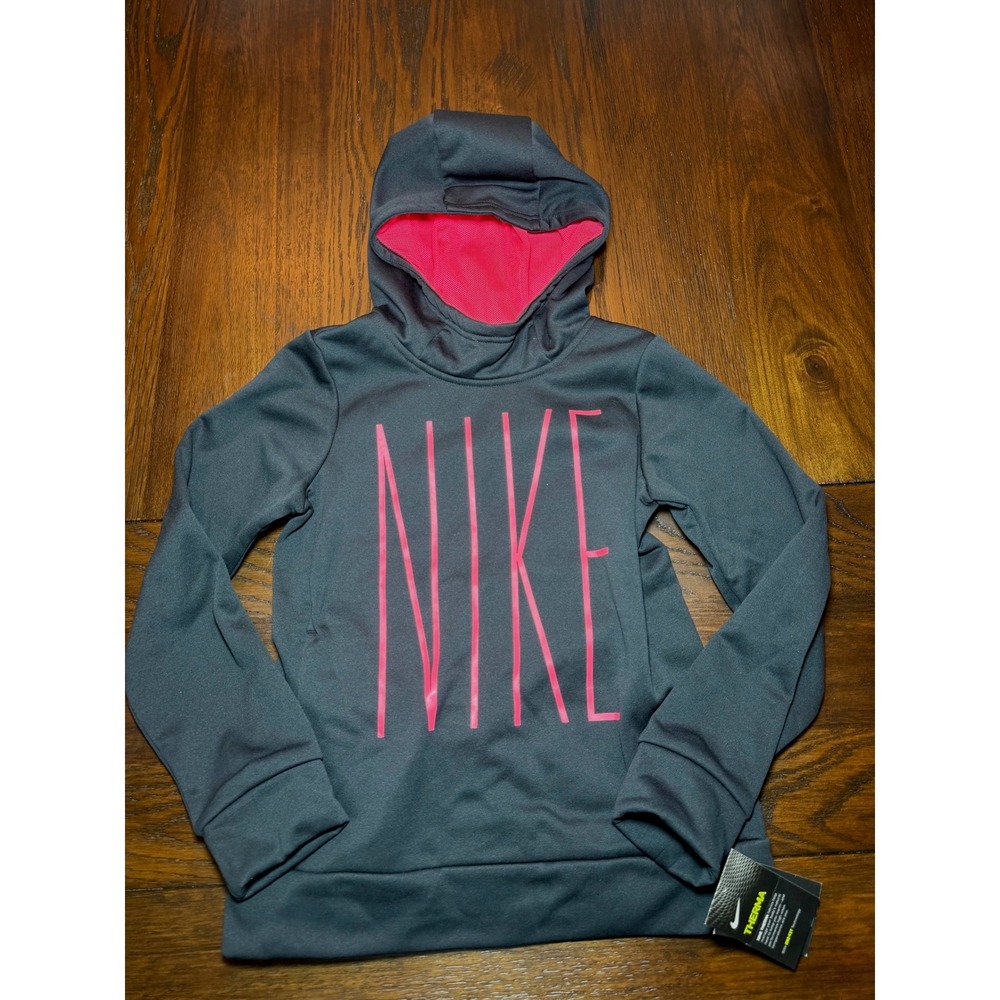 Nike Girls Therma Dri-FIT Hoodie Black Pink Graphic Pullover Size Medium, NEW